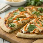 Thai chicken pizza recipe with peanut sauce, chicken, and cilantro on crust
