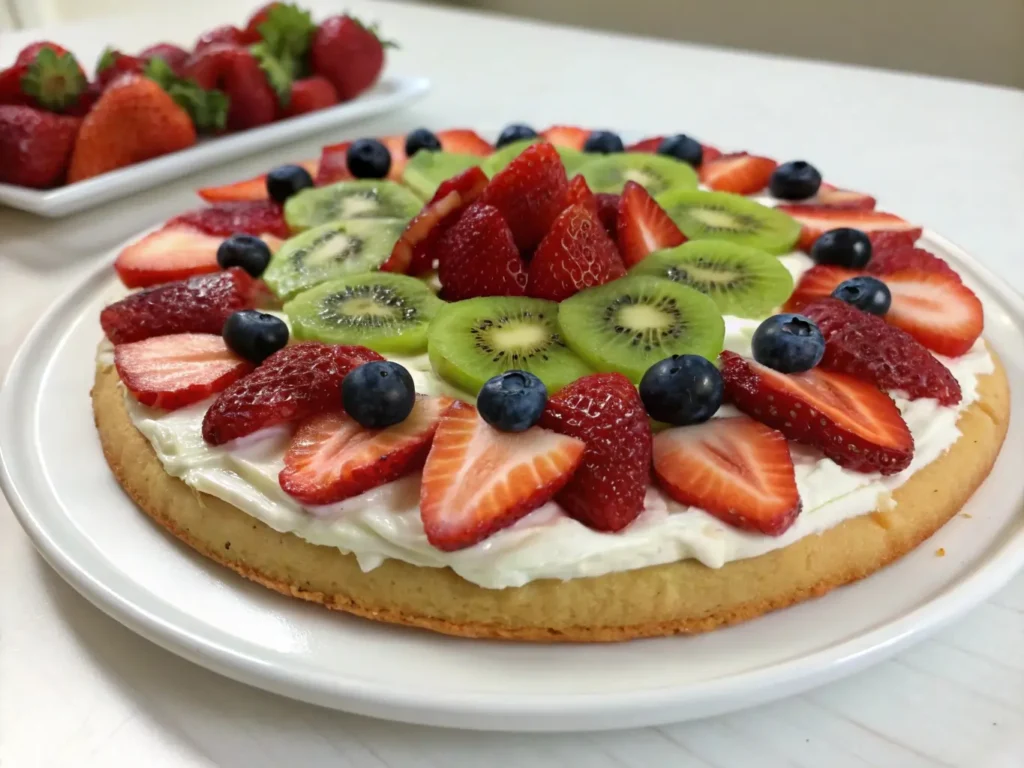 Close-up shot of mini fruit pizzas on a wooden board, each topped with different fruits like raspberries, grapes, and mango, Samsung S24 Ultra