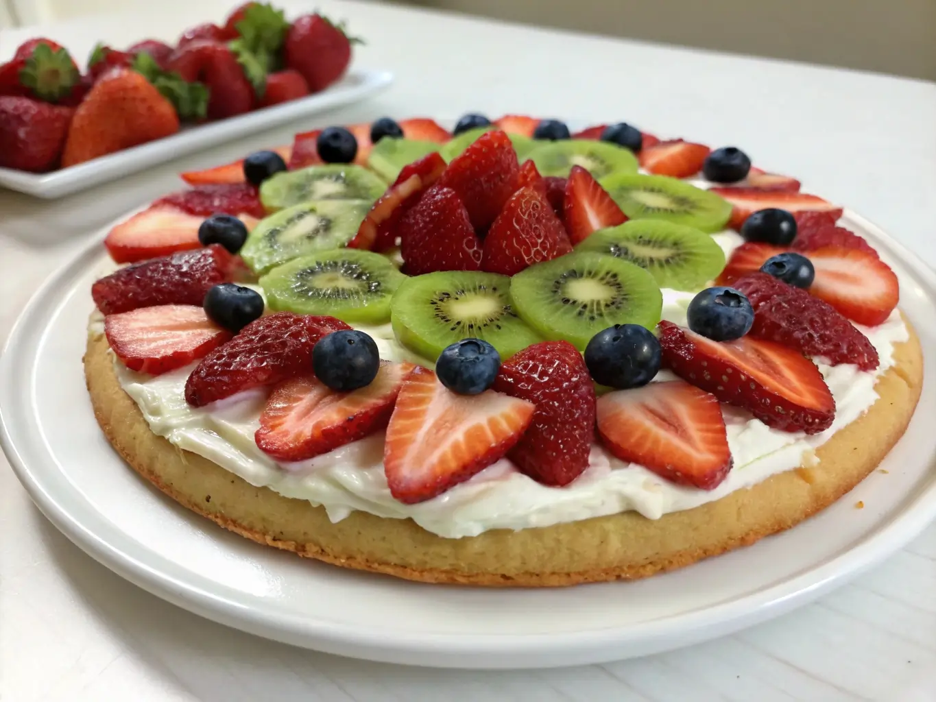 Close-up shot of mini fruit pizzas on a wooden board, each topped with different fruits like raspberries, grapes, and mango, Samsung S24 Ultra