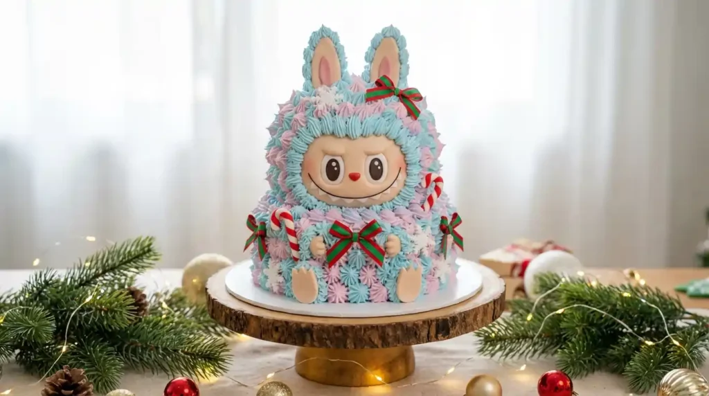 Whimsical Labubu Christmas Ice Cream Cake with pastel fur and Christmas decorations