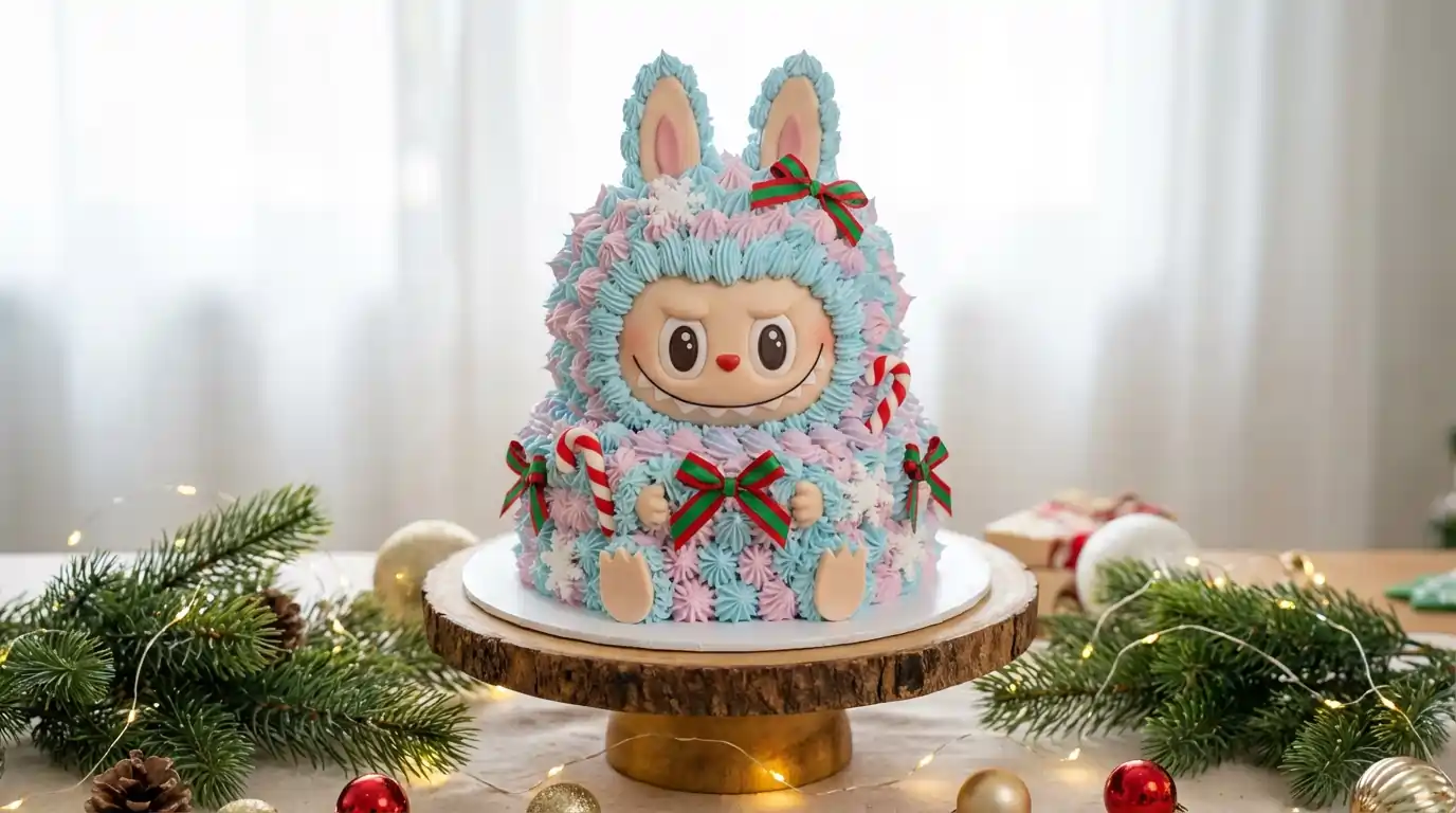 Whimsical Labubu Christmas Ice Cream Cake with pastel fur and Christmas decorations