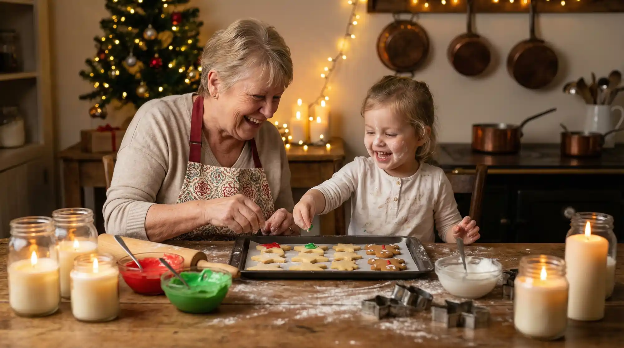 Grandmother and child baking Classic Christmas Sugar Cookies